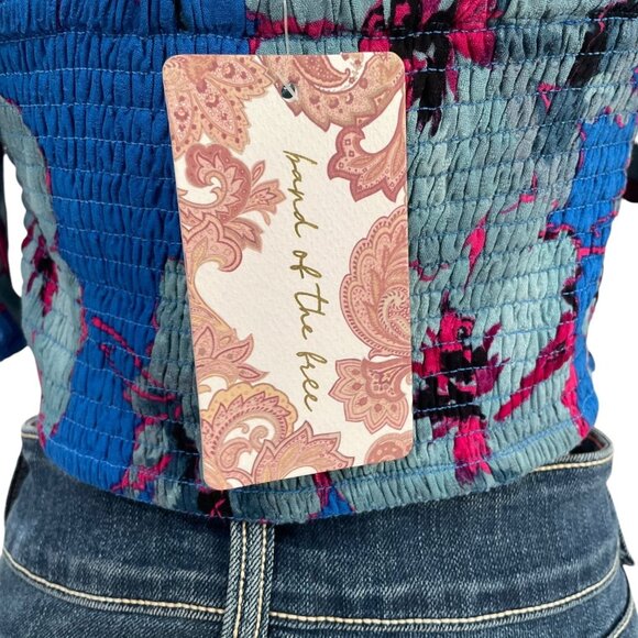 Band Of The Free Floral Smocked Crop Top Puff Sleeve Open Back Boho Y2K Retro - Picture 3 of 7
